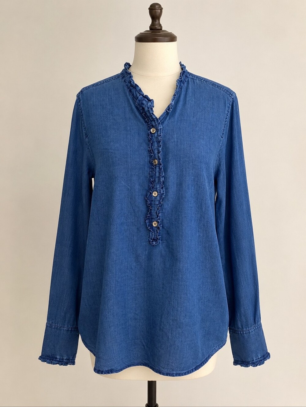 J.Crew Ruffle-front Denim Chambray Popover Blouse Cotton Lightweight Blue Size 8